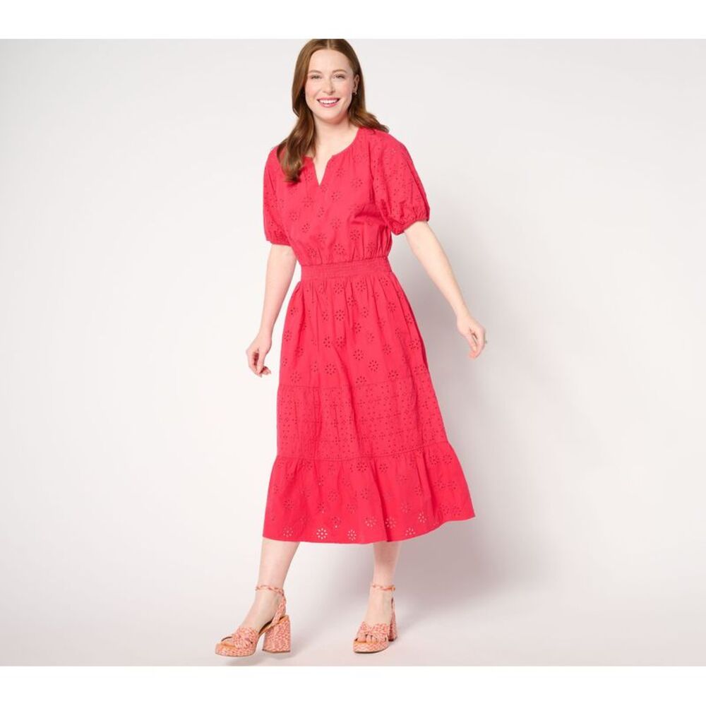 Isaac Mizrahi Live! Women's Plus Sz Dress 4X Cotton Eyelet Tiered Pink A645058